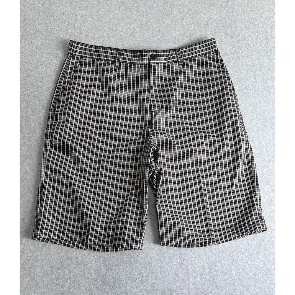 Adidas Golf Men's Lightweight Plaid Golf Shorts Size 34 Flat Front Black Khaki